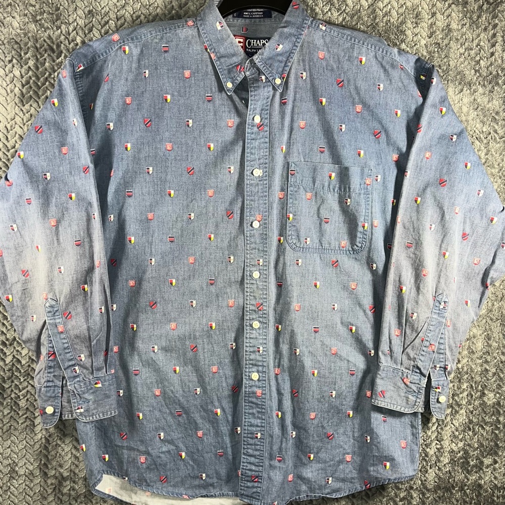 VTG Ralph Lauren Chaps Mens Long Sleeve Button Denim Blue R.L. Emblems Sz L